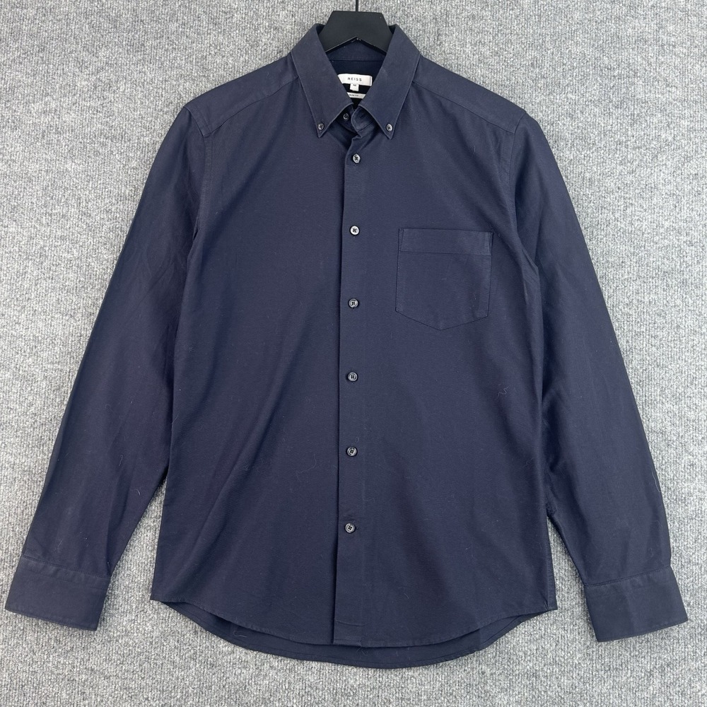 Reiss Dress Shirt Mens M Navy Blue Slim Fit Cotton Button Down Collar Greenwich